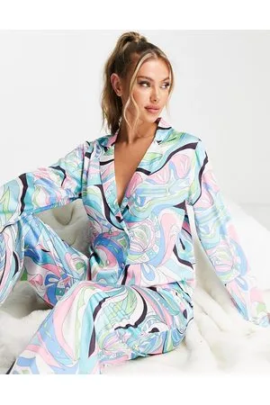 ASOS Pigiama premium con camicia doppiopetto e pantaloni in raso con stampa foulard effetto marmo