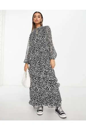 VERO MODA Aware - Vestito grembiule lungo con stampa monocromatica e volant