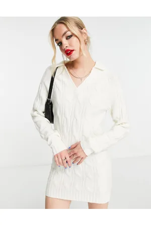 ASOS Vestito maglia corto color crema a trecce con colletto aperto