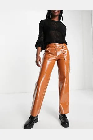 Miss Selfridge Pantaloni dritti a vita medio alta marroni in vernice