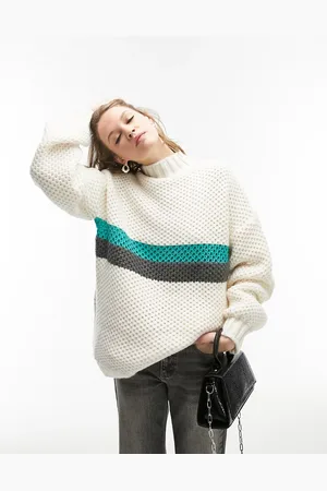 Topshop Maglione con collo a imbuto in maglia crema con righe