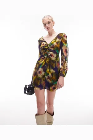Topshop Vestito da giorno corto arricciato con stampa floreale sfocata effetto tie-dye
