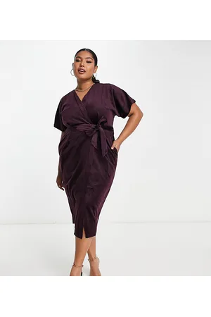 Closet Vestito midi allacciato in vita in velluto color prugna con maniche a kimono