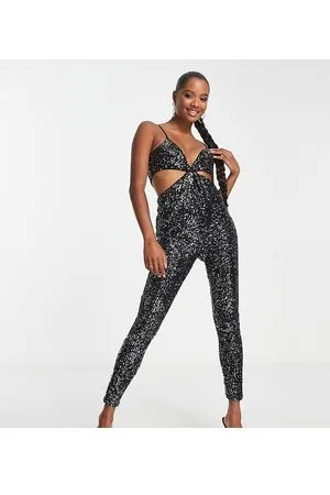 Jaded Rose Tuta jumpsuit con spalline sottili e cut-out nera con paillettes