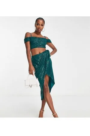 Jaded Rose Crop top con spalle scoperte e paillettes smeraldo in coordinato