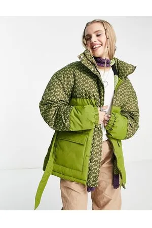 JJXX Cappotto imbottito allacciato in vita con stampa geometrica, colore kaki