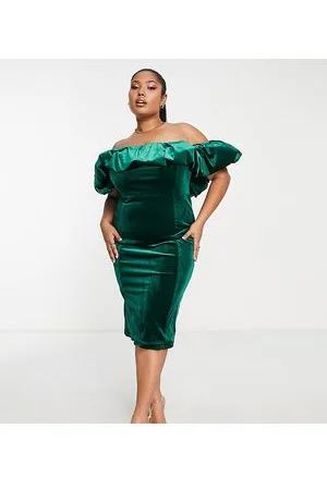 Saint Genies Vestito midi in velluto smeraldo con spalle scoperte e volant