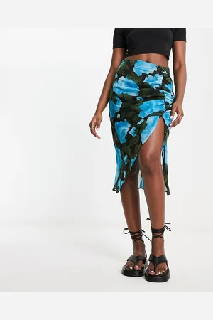 Miss Selfridge Gonna midi in chiffon a fiori arricciato ai lati