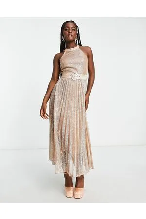 Style Cheat Vestito con gonna al polpaccio accollato color ruggine metallizzato a pieghe