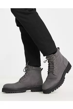 ASOS Stivali stringati in pelle sintetica grigia con suola spessa a contrasto e collarino imbottito