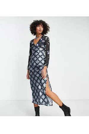 Reclaimed Vestito midi a maniche lunghe con motivo a quadri e a fiori a contrasto