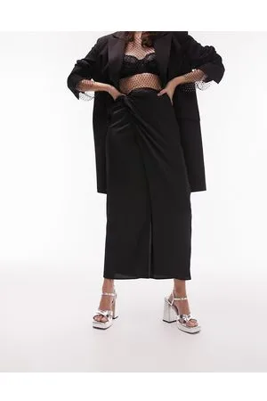 Topshop Gonna midi in raso nera a portafoglio