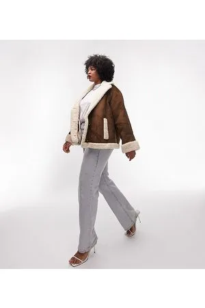 Topshop Curve - Cappotto in montone sintetico color cioccolato