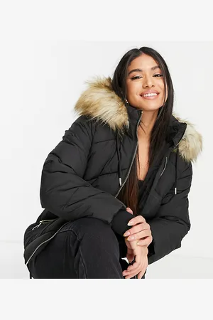 Topshop Giacca imbottita nera con cappuccio in pelliccia sintetica