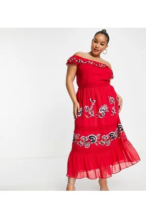 HOPE & IVY Vestito midi rosso ricamato con spalle scoperte