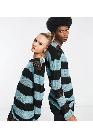 COLLUSION Unisex - Maglione lavorato a righe con cuciture traforate e blu