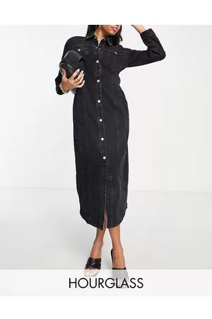 ASOS Hourglass - Vestito midi di jeans slavato in misto cotone - BLACK