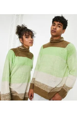 COLLUSION Maglione unisex oversize a righe neutre e lime con passamontagna incorporato