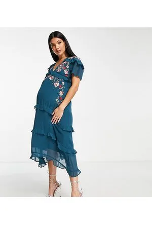 HOPE & IVY Vestito midi con volant ricamato smeraldo