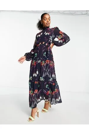 HOPE & IVY Vestito lungo a maniche lunghe allacciato in vita color blu navy con stampa a fiori