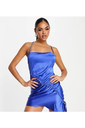 AsYou Vestito con spalline sottili asimmetrico in raso cobalto