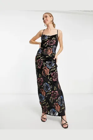 ASOS Vestito sottoveste lungo in velluto dévoré con allacciatura sul retro e stampa di rose