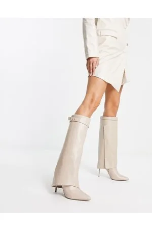 ASOS Clearly - Stivali sopra al ginocchio color crema risvoltati con tacco alto