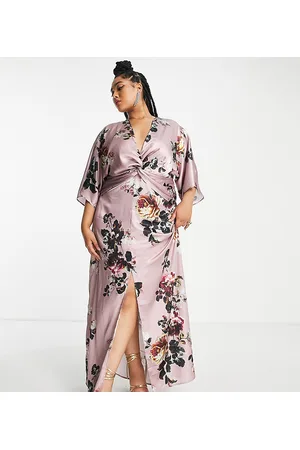 HOPE & IVY Vestito lungo in raso malva con maniche a kimono
