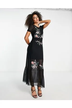 River Island Vestito midi in rete nera con fiori ricamati