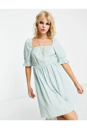 ONLY Vestito corto a quadretti con scollo quadrato e maniche a sbuffo
