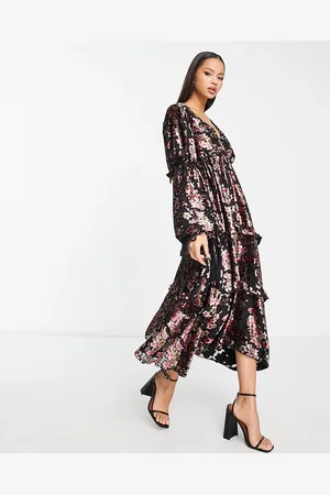 ASOS Vestito midi dévoré bruciato con finiture in pizzo e maniche lunghe a fiori