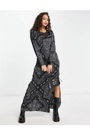 VERO MODA Vestito lungo arricciato in raso con spacco e stampa cachemire
