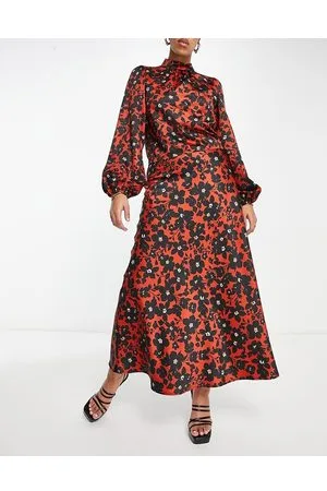 Flounce London Gonna lunga taglio sbieco in raso con figure a fiori in coordinato