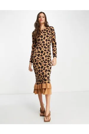 Never Fully Dressed Vestito midi in maglia con stampa leopardata e volant