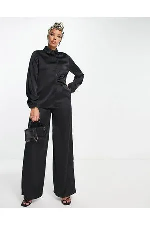 Flounce London Pantaloni palazzo in raso neri in coordinato