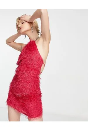 Amy Lynn Vestito corto allacciato al collo fucsia con piume sintetiche