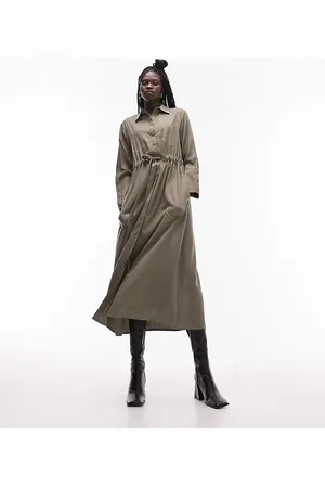 Topshop Vestito camicia midi kaki con cuciture a contrasto sul busto