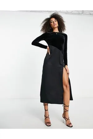 River Island Vestito midi in misto velluto e raso con taglio sbieco