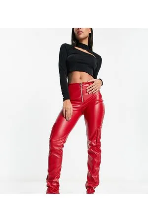 AsYou Pantaloni cargo in similpelle PU rossi con zip