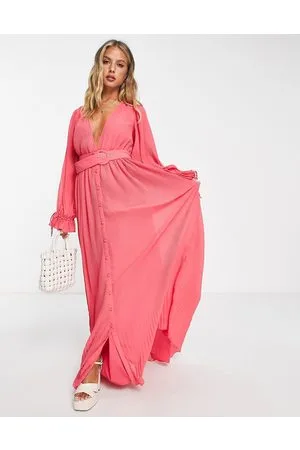ASOS Vestito lungo a pieghe con maniche a campana e cintura