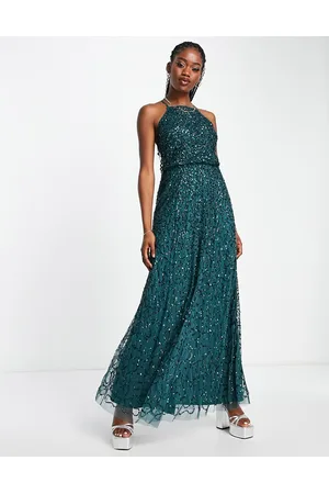 Maya Vestito lungo allacciato al collo con paillettes smeraldo