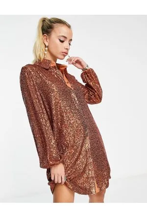 Flounce London Vestito camicia corto con paillettes color ruggine