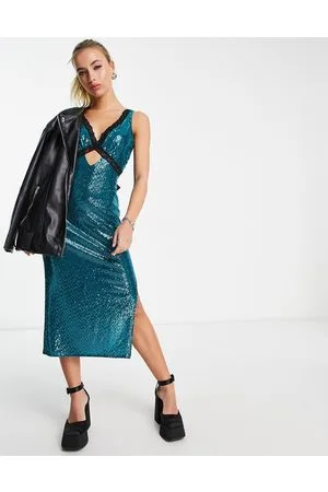 Flounce London Vestito midi con paillettes e finiture in pizzo a contrasto