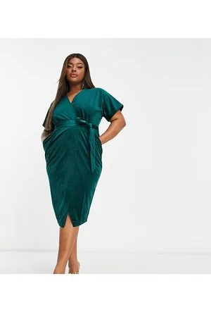 Closet Vestito midi smeraldo in velluto con maniche a kimono e cintura