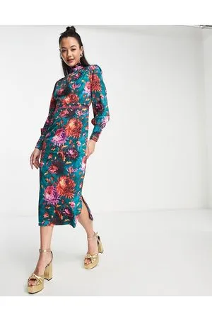 HOPE & IVY Vestito midi accollato smeraldo a fiori