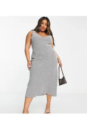 Flounce London Vestito con spalline sottili midi in raso bianco e a quadri