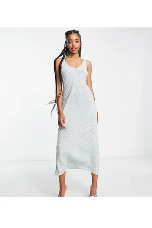 Flounce London Vestito con spalline sottili midi in raso bianco e verde a quadri