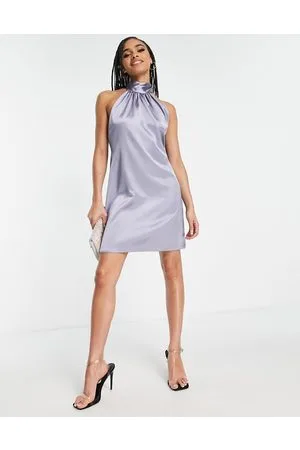 Flounce London Vestito corto in raso azzurro allacciato al collo