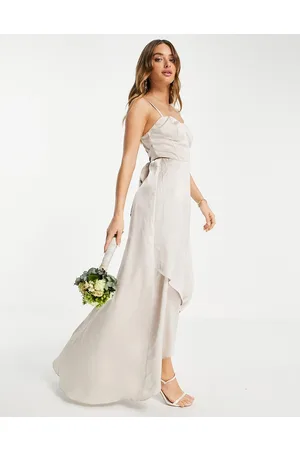 TFNC Vestito da damigella con spalline sottili, dettaglio a corsetto e fiocco sul retro, colore visone
