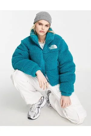 The North Face Nuptse - Piumino taglio corto in pile verde-azzurro a collo alto